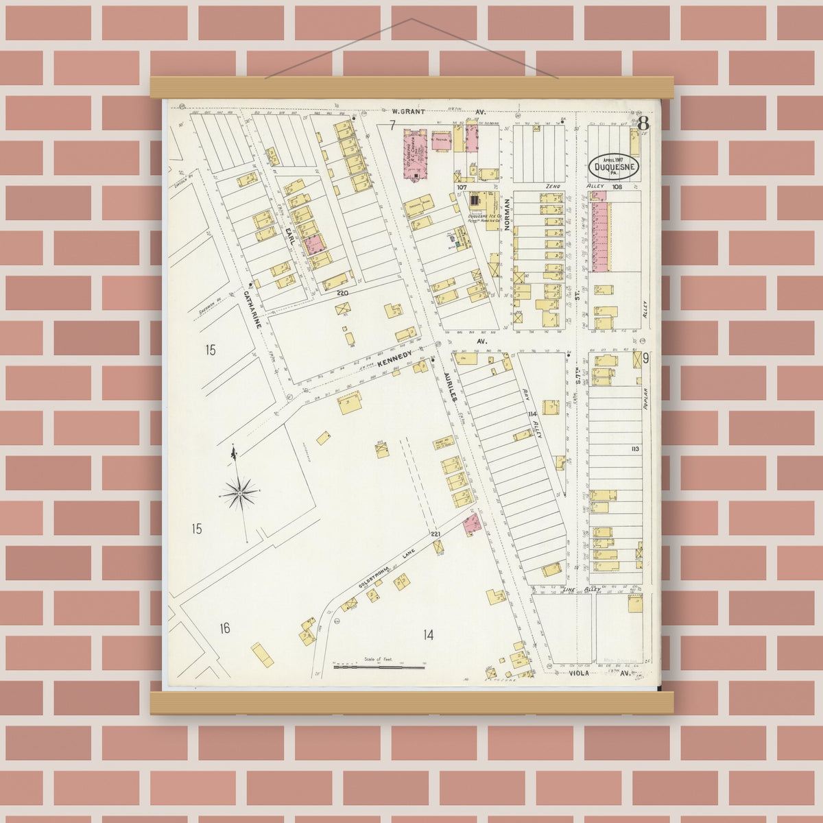 Old map wall art mockup — magnetic wood frame on brick wall — Sanborn Fire Insurance Map from Duquesne, Allegheny County, Pennsylvania (1907), Sheet #0008
