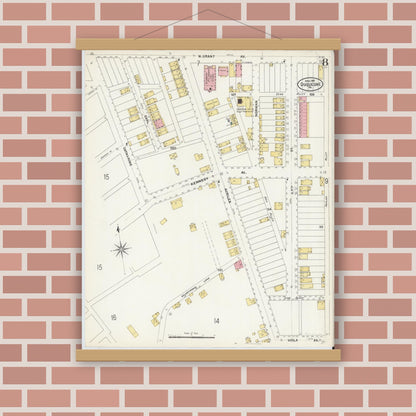 Old map wall art mockup — magnetic wood frame on brick wall — Sanborn Fire Insurance Map from Duquesne, Allegheny County, Pennsylvania (1907), Sheet #0008