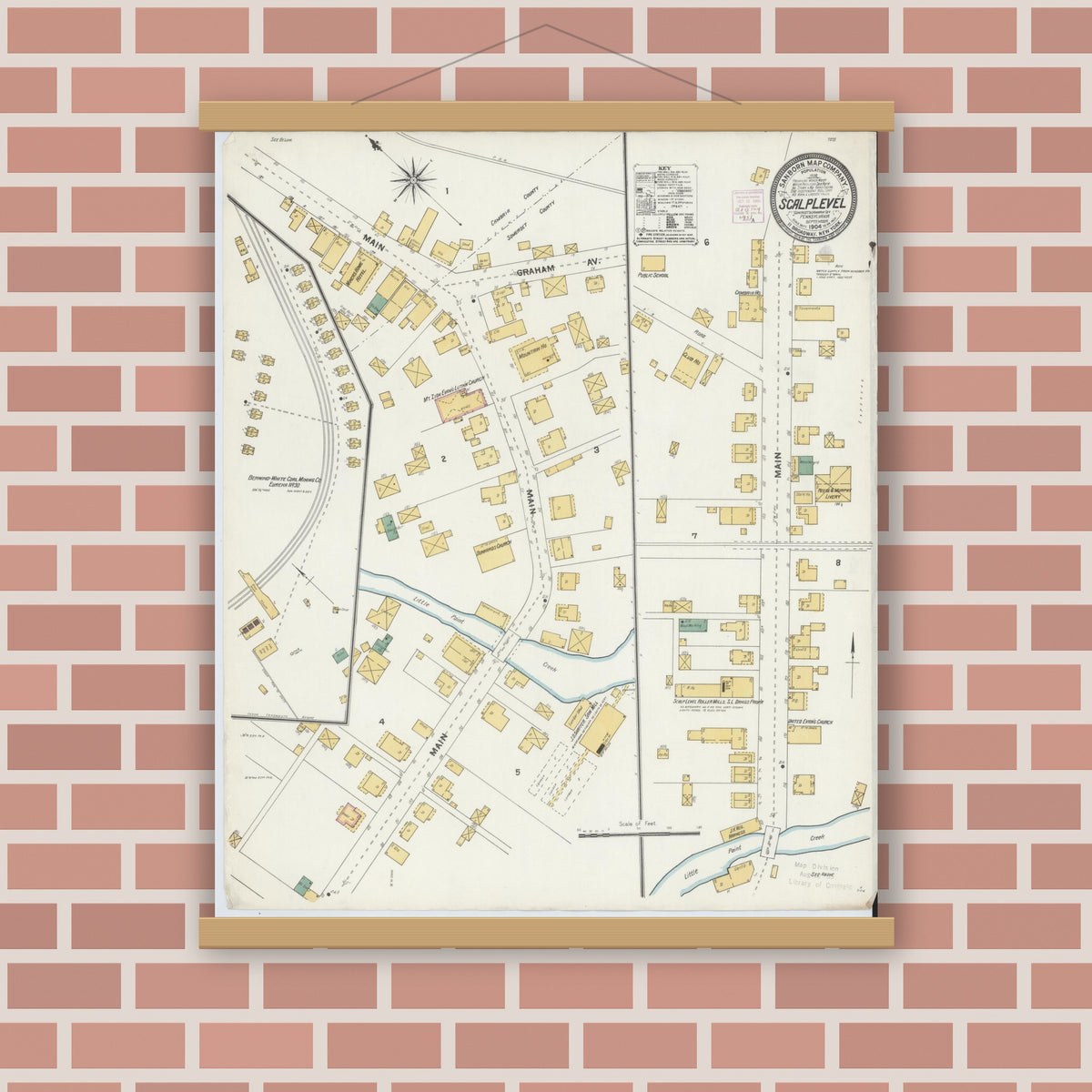 Old map wall art mockup — magnetic wood frame on brick wall — Sanborn Fire Insurance Map from Scalp Level, Somerset And Cambria County, Pennsylvania (1904), Sheet #0001