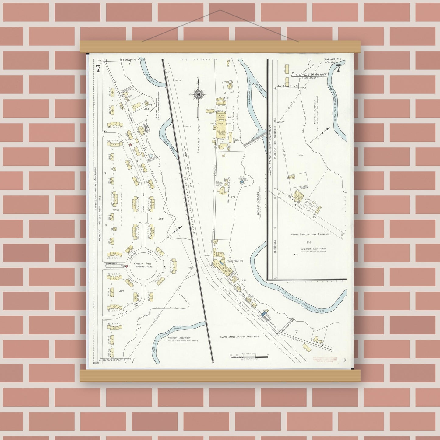 Old map wall art mockup — magnetic wood frame on brick wall — Sanborn Fire Insurance Map from Wahiawa, Honolulu County, Hawaii (1942), Sheet #0007