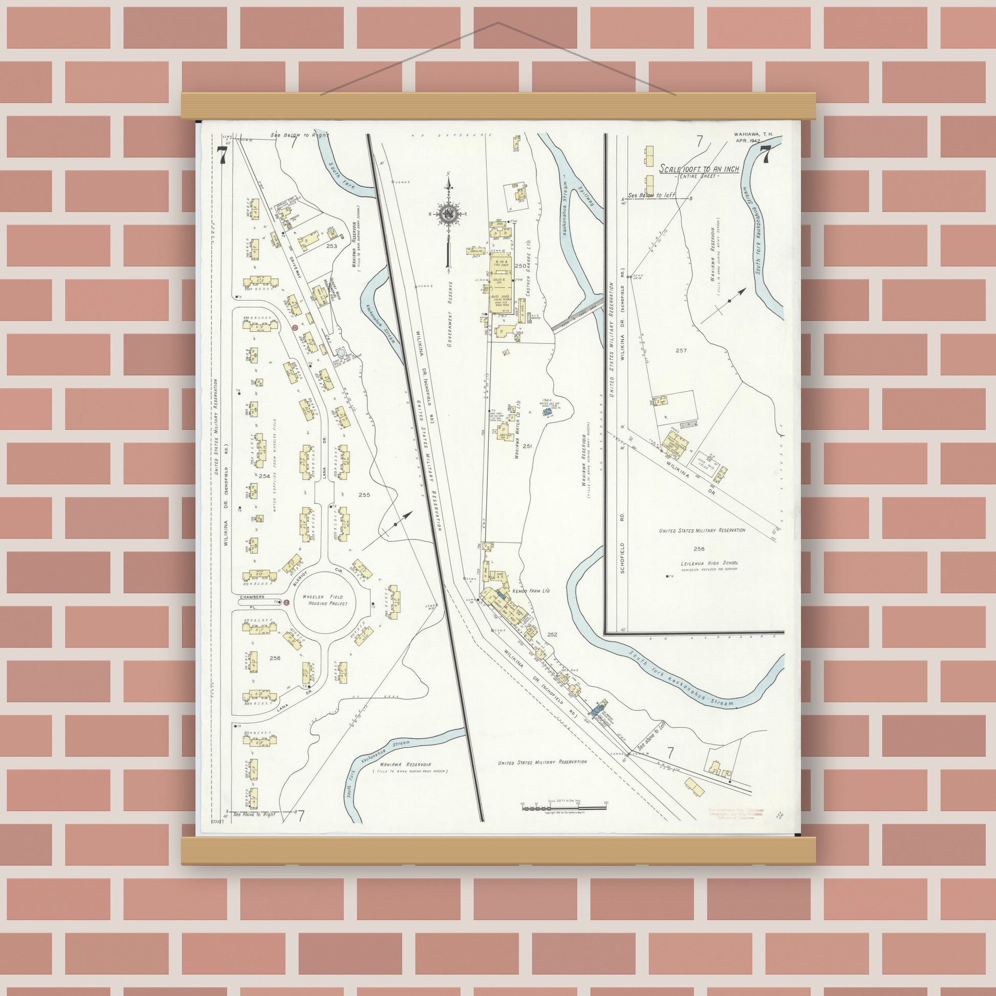 Old map wall art mockup — magnetic wood frame on brick wall — Sanborn Fire Insurance Map from Wahiawa, Honolulu County, Hawaii (1942), Sheet #0007