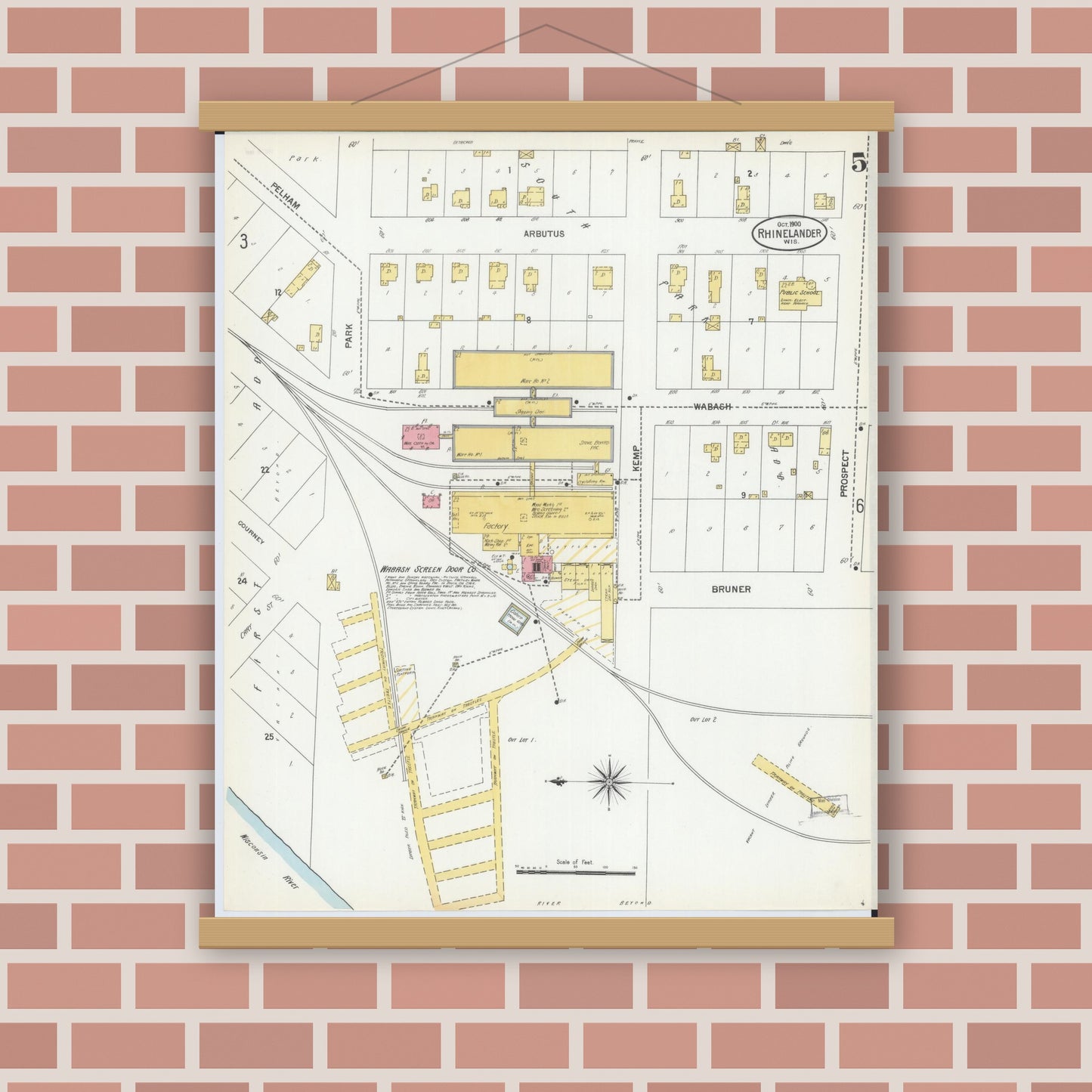 Old map wall art mockup — magnetic wood frame on brick wall — Sanborn Fire Insurance Map from Rhinelander, Oneida County, Wisconsin (1900), Sheet #0005