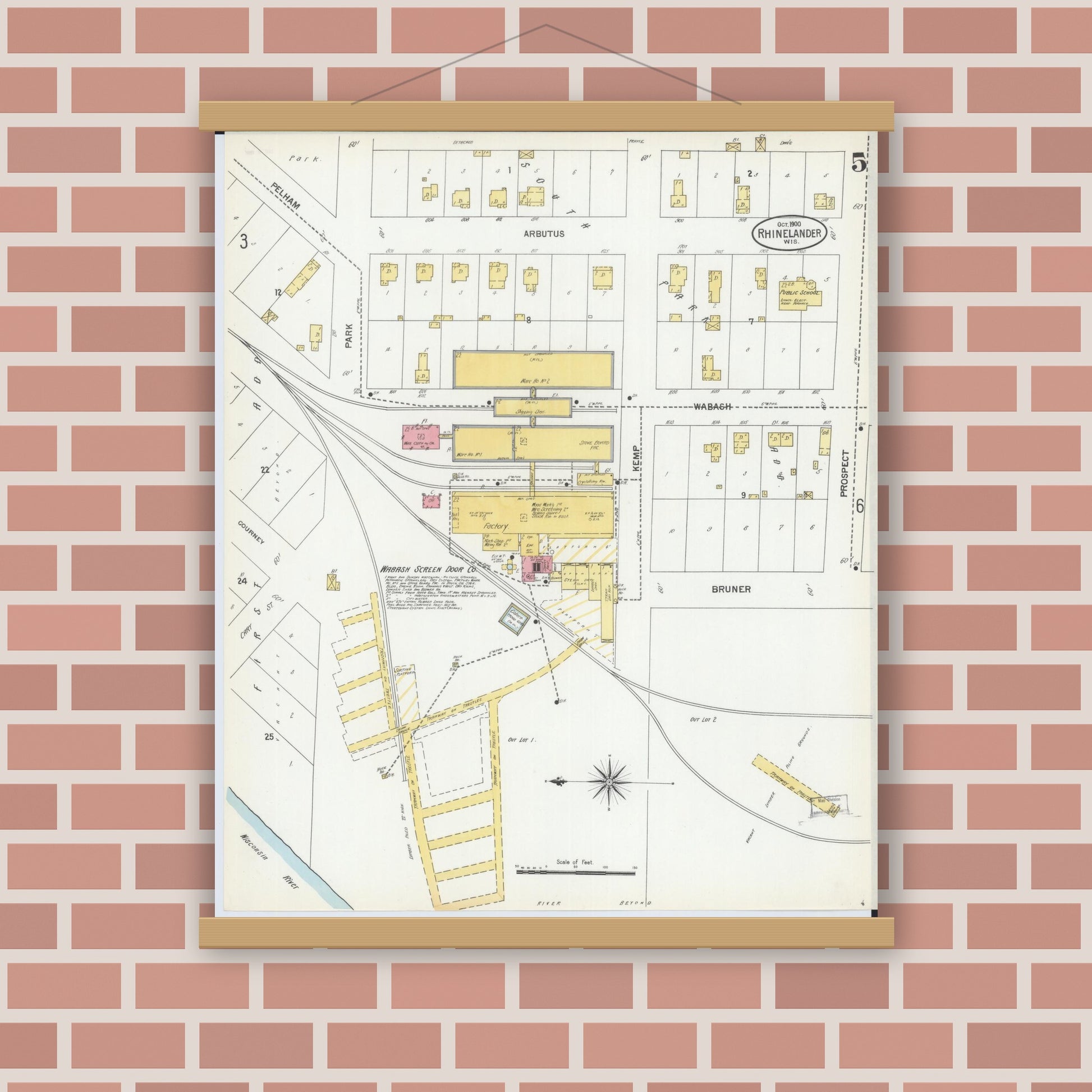 Old map wall art mockup — magnetic wood frame on brick wall — Sanborn Fire Insurance Map from Rhinelander, Oneida County, Wisconsin (1900), Sheet #0005