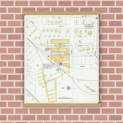 Old map wall art mockup — magnetic wood frame on brick wall — Sanborn Fire Insurance Map from Rhinelander, Oneida County, Wisconsin (1900), Sheet #0005