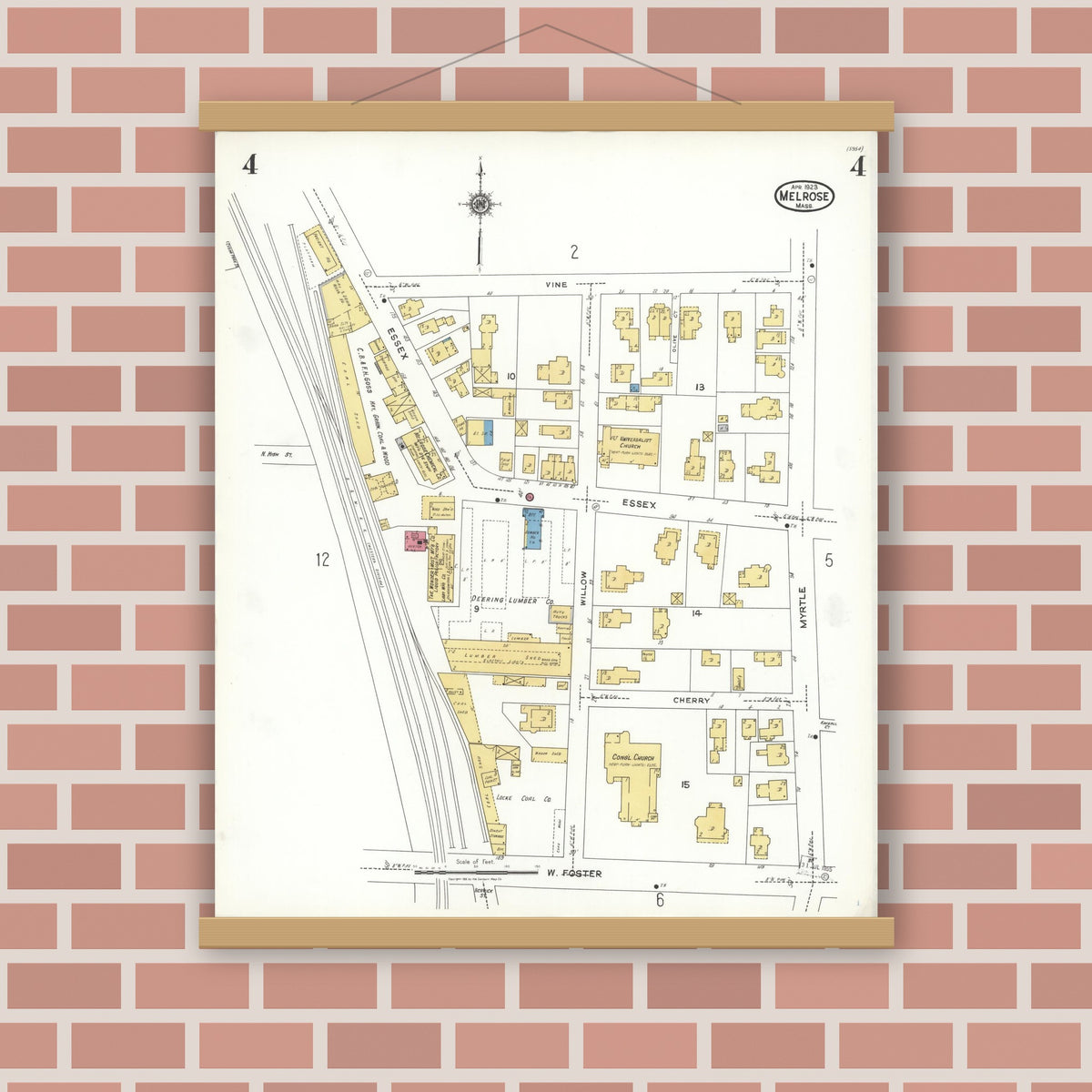 Old map wall art mockup — magnetic wood frame on brick wall — Sanborn Fire Insurance Map from Melrose, Middlesex County, Massachusetts (1923), Sheet #0004