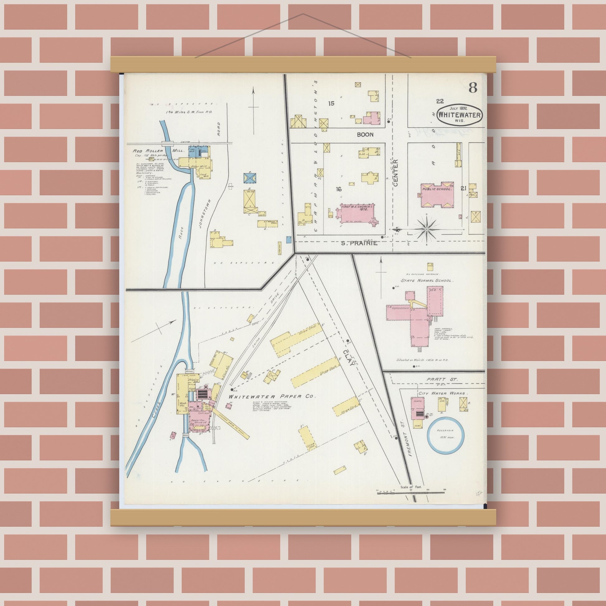 Old map wall art mockup — magnetic wood frame on brick wall — Sanborn Fire Insurance Map from Whitewater, Walworth County, Wisconsin (1892), Sheet #0008