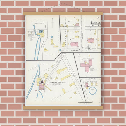 Old map wall art mockup — magnetic wood frame on brick wall — Sanborn Fire Insurance Map from Whitewater, Walworth County, Wisconsin (1892), Sheet #0008