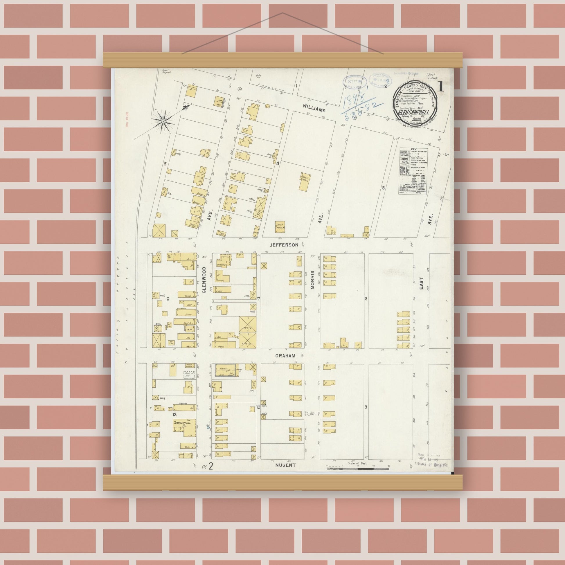 Old map wall art mockup — magnetic wood frame on brick wall — Sanborn Fire Insurance Map from Glen Campbell, Indiana County, Pennsylvania (1898) - Complete Map Set