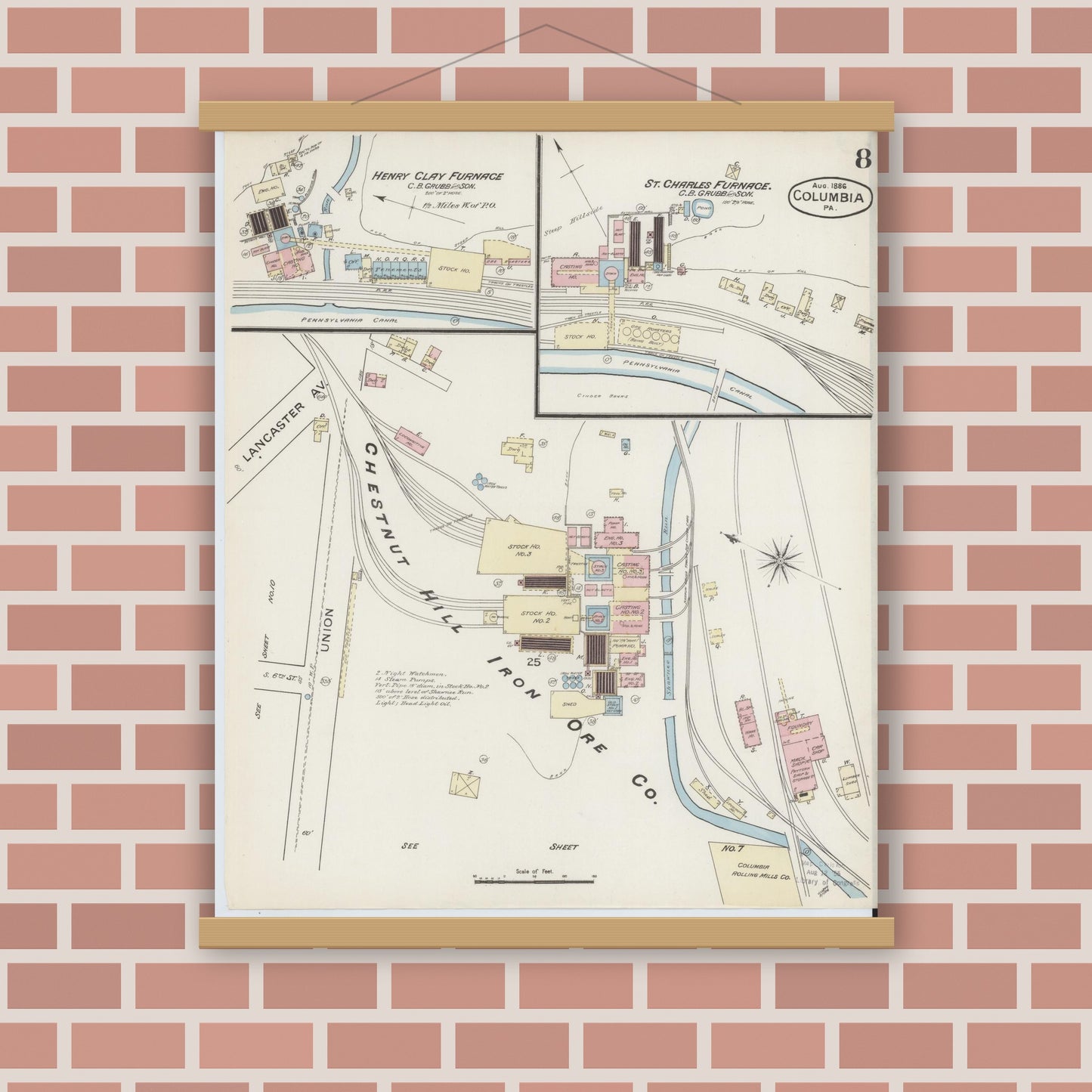 Old map wall art mockup — magnetic wood frame on brick wall — Sanborn Fire Insurance Map from Columbia, Lancaster County, Pennsylvania (1886), Sheet #0008