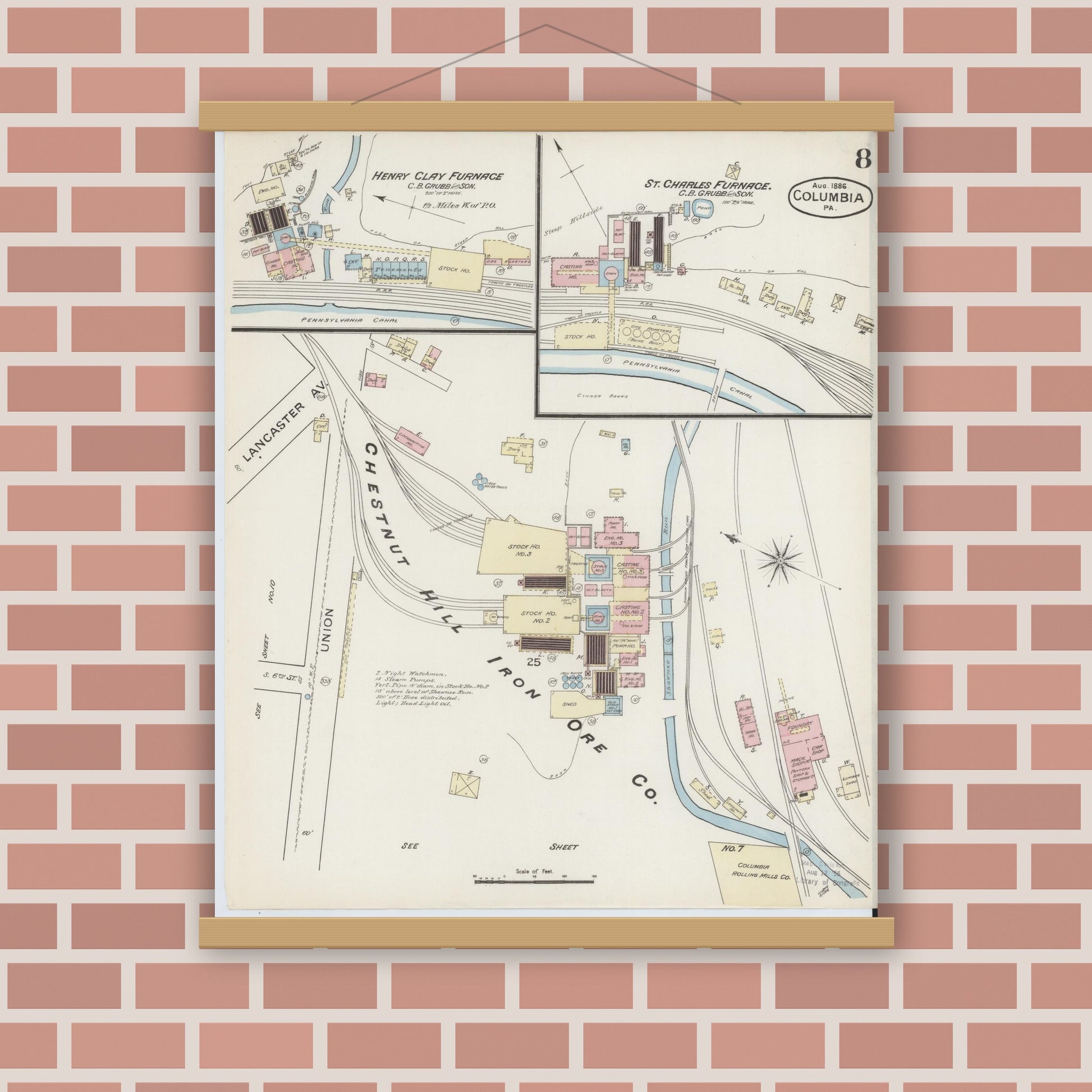 Old map wall art mockup — magnetic wood frame on brick wall — Sanborn Fire Insurance Map from Columbia, Lancaster County, Pennsylvania (1886), Sheet #0008