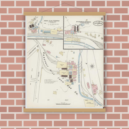 Old map wall art mockup — magnetic wood frame on brick wall — Sanborn Fire Insurance Map from Columbia, Lancaster County, Pennsylvania (1886), Sheet #0008