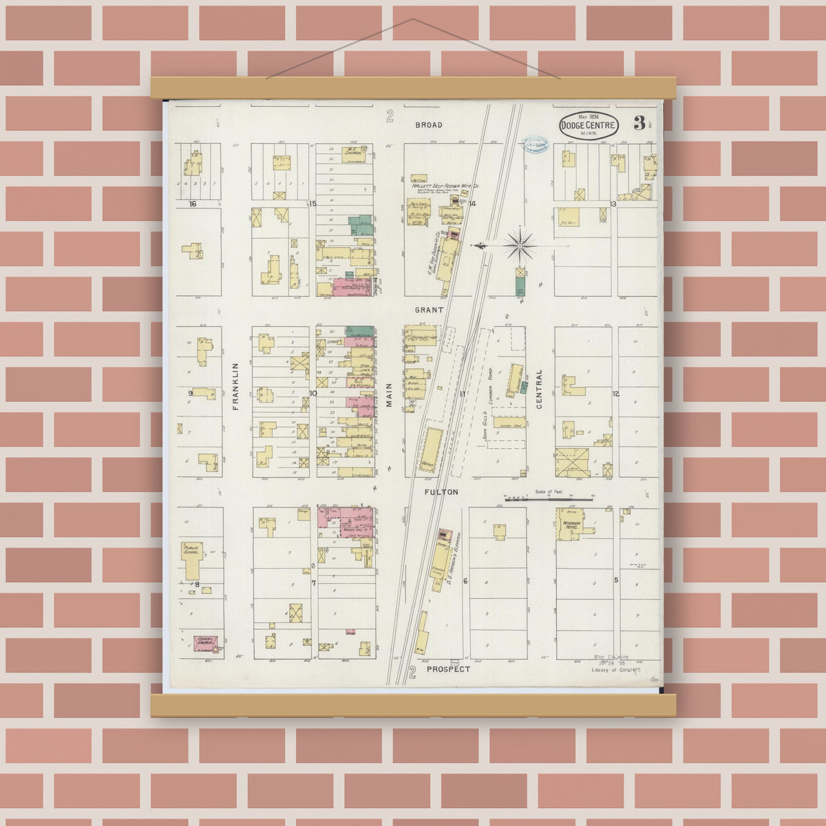 Old map wall art mockup — magnetic wood frame on brick wall — Sanborn Fire Insurance Map from Dodge Center, Dodge County, Minnesota (1894), Sheet #0003