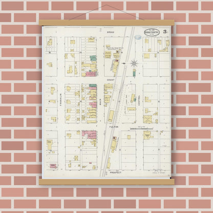Old map wall art mockup — magnetic wood frame on brick wall — Sanborn Fire Insurance Map from Dodge Center, Dodge County, Minnesota (1894), Sheet #0003