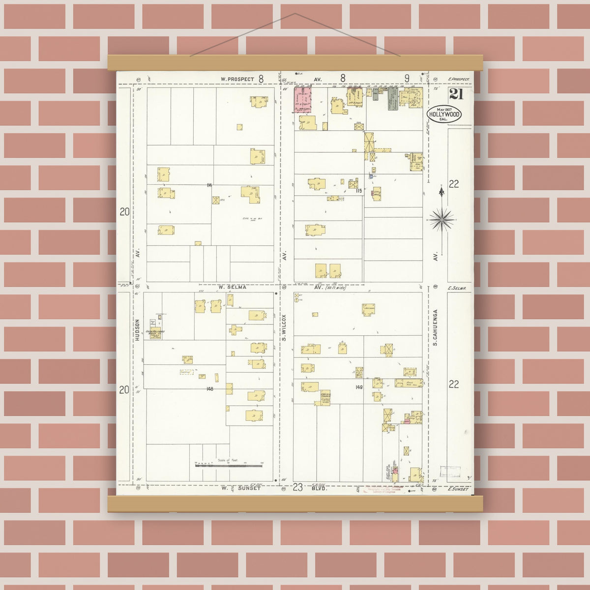 Old map wall art mockup — magnetic wood frame on brick wall — Sanborn Fire Insurance Map from Hollywood, Los Angeles County, California (1907), Sheet #0021