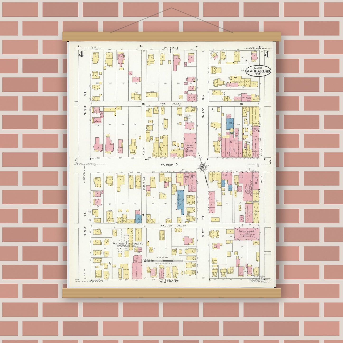 Old map wall art mockup — magnetic wood frame on brick wall — Sanborn Fire Insurance Map from New Philadelphia, Tuscarawas County, Ohio (1926), Sheet #0004
