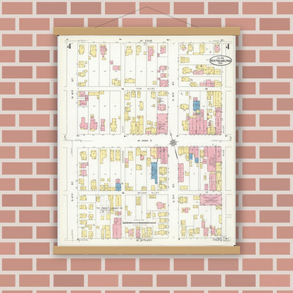 Old map wall art mockup — magnetic wood frame on brick wall — Sanborn Fire Insurance Map from New Philadelphia, Tuscarawas County, Ohio (1926), Sheet #0004