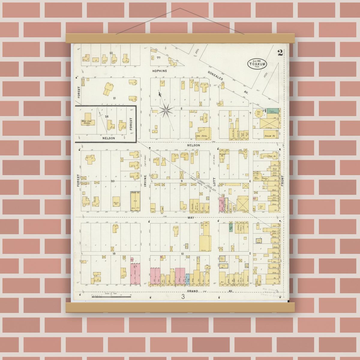 Old map wall art mockup — magnetic wood frame on brick wall — Sanborn Fire Insurance Map from Yoakum, De Witt And Lavaca Counties, Texas (1898), Sheet #0002