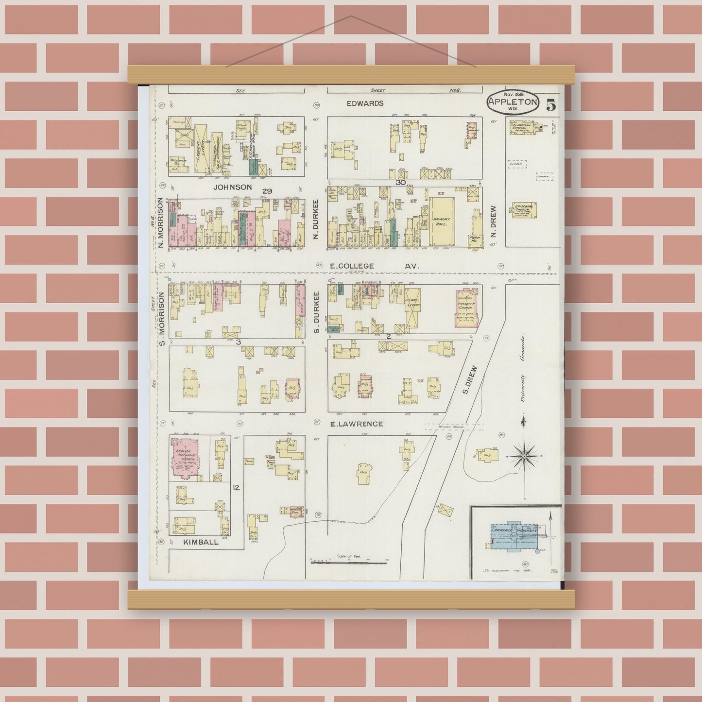 Old map wall art mockup — magnetic wood frame on brick wall — Sanborn Fire Insurance Map from Appleton, Outagamie County, Wisconsin (1886), Sheet #0005