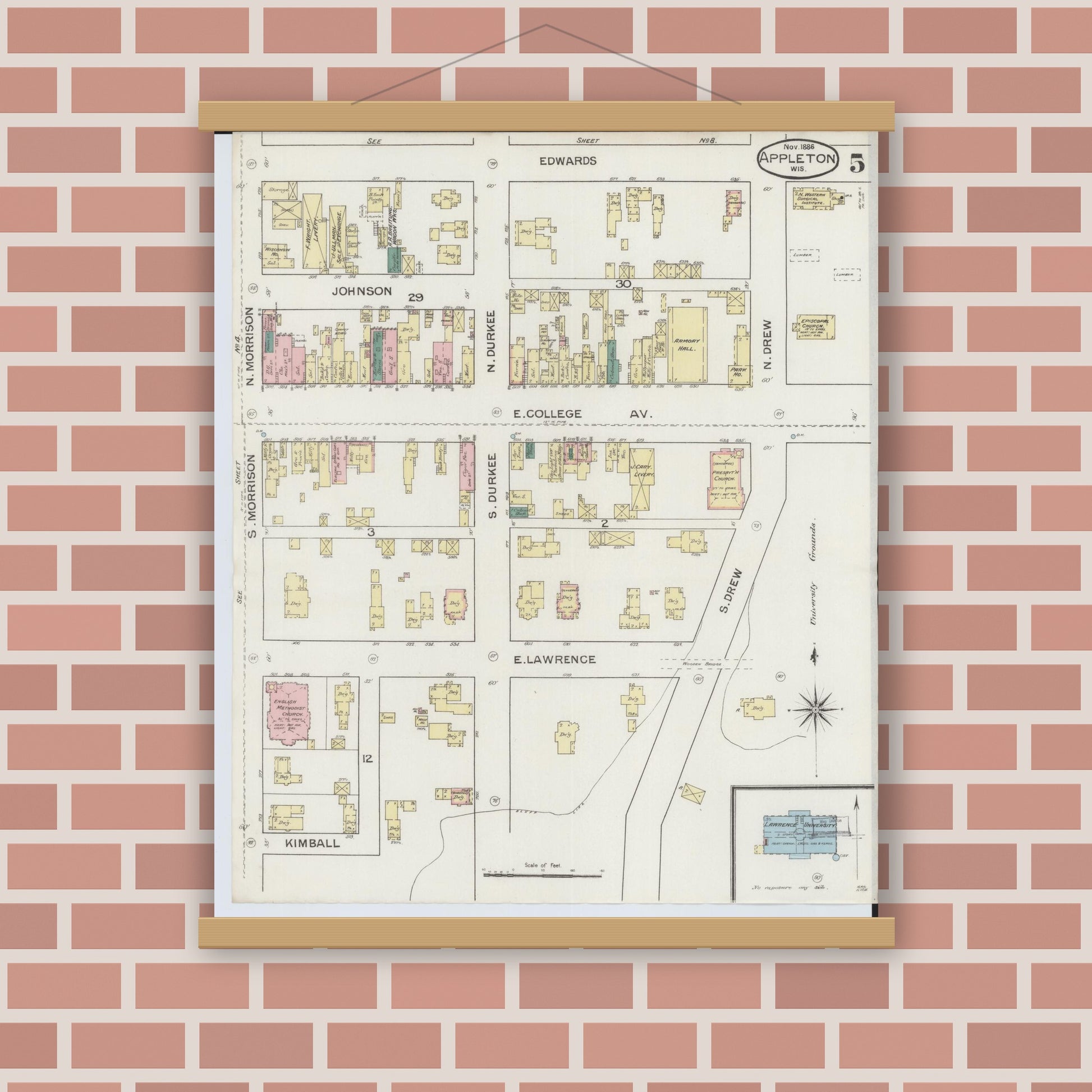 Old map wall art mockup — magnetic wood frame on brick wall — Sanborn Fire Insurance Map from Appleton, Outagamie County, Wisconsin (1886), Sheet #0005