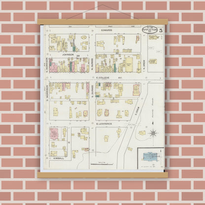 Old map wall art mockup — magnetic wood frame on brick wall — Sanborn Fire Insurance Map from Appleton, Outagamie County, Wisconsin (1886), Sheet #0005