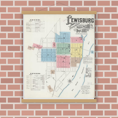 Old map wall art mockup — magnetic wood frame on brick wall — Sanborn Fire Insurance Map from Lewisburg, Union County, Pennsylvania (1890) - Complete Map Set