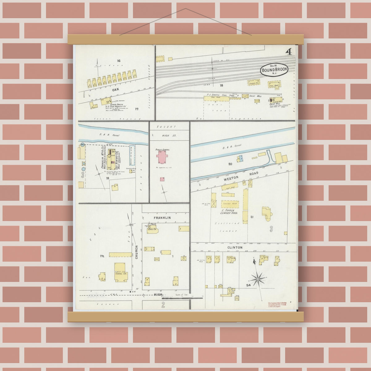 Old map wall art mockup — magnetic wood frame on brick wall — Sanborn Fire Insurance Map from Bound Brook, Somerset County, New Jersey (1895), Sheet #0004
