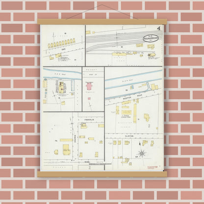 Old map wall art mockup — magnetic wood frame on brick wall — Sanborn Fire Insurance Map from Bound Brook, Somerset County, New Jersey (1895), Sheet #0004