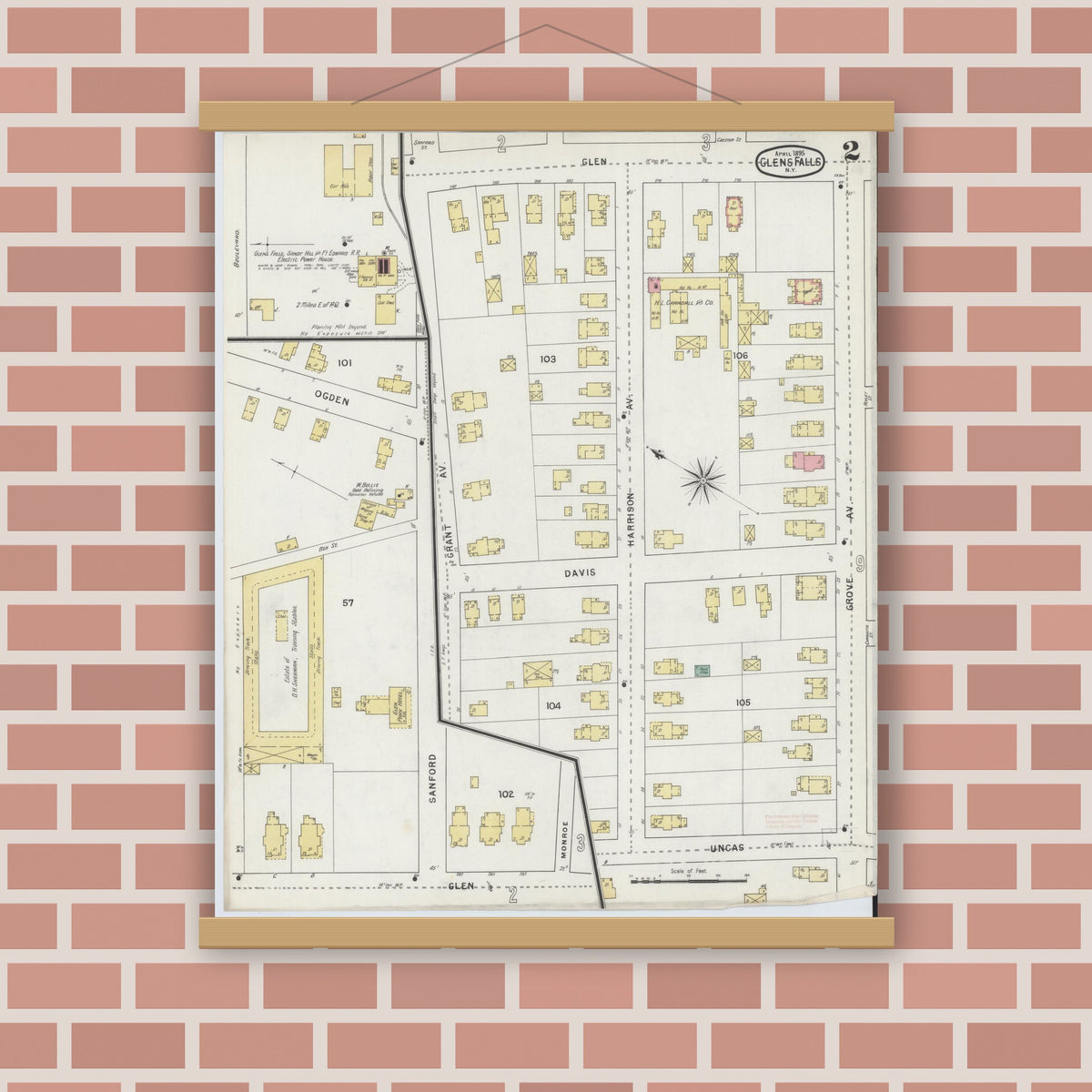 Old map wall art mockup — magnetic wood frame on brick wall — Sanborn Fire Insurance Map from Glens Falls, Warren County, New York (1895) - Complete Map Set