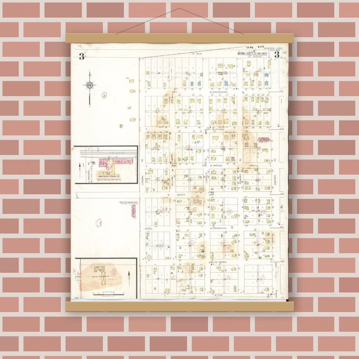 Old map wall art mockup — magnetic wood frame on brick wall — Sanborn Fire Insurance Map from Marengo, Iowa County, Iowa (1942), Sheet #0003