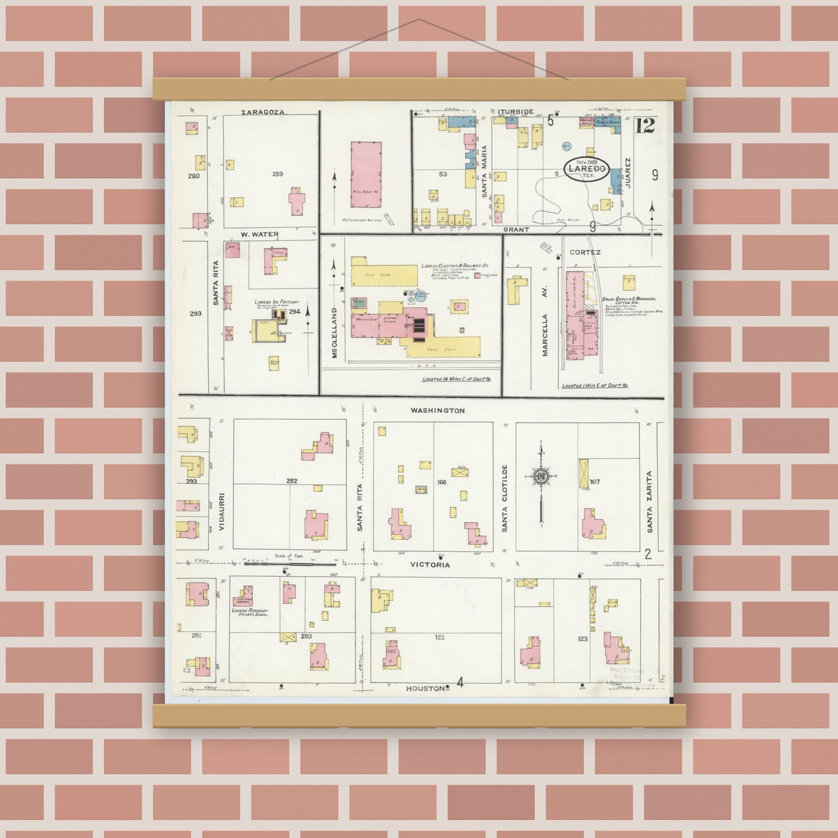 Old map wall art mockup — magnetic wood frame on brick wall — Sanborn Fire Insurance Map from Laredo, Webb County, Texas (1909), Sheet #0012