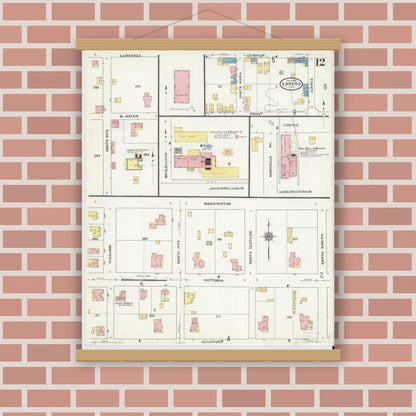 Old map wall art mockup — magnetic wood frame on brick wall — Sanborn Fire Insurance Map from Laredo, Webb County, Texas (1909), Sheet #0012