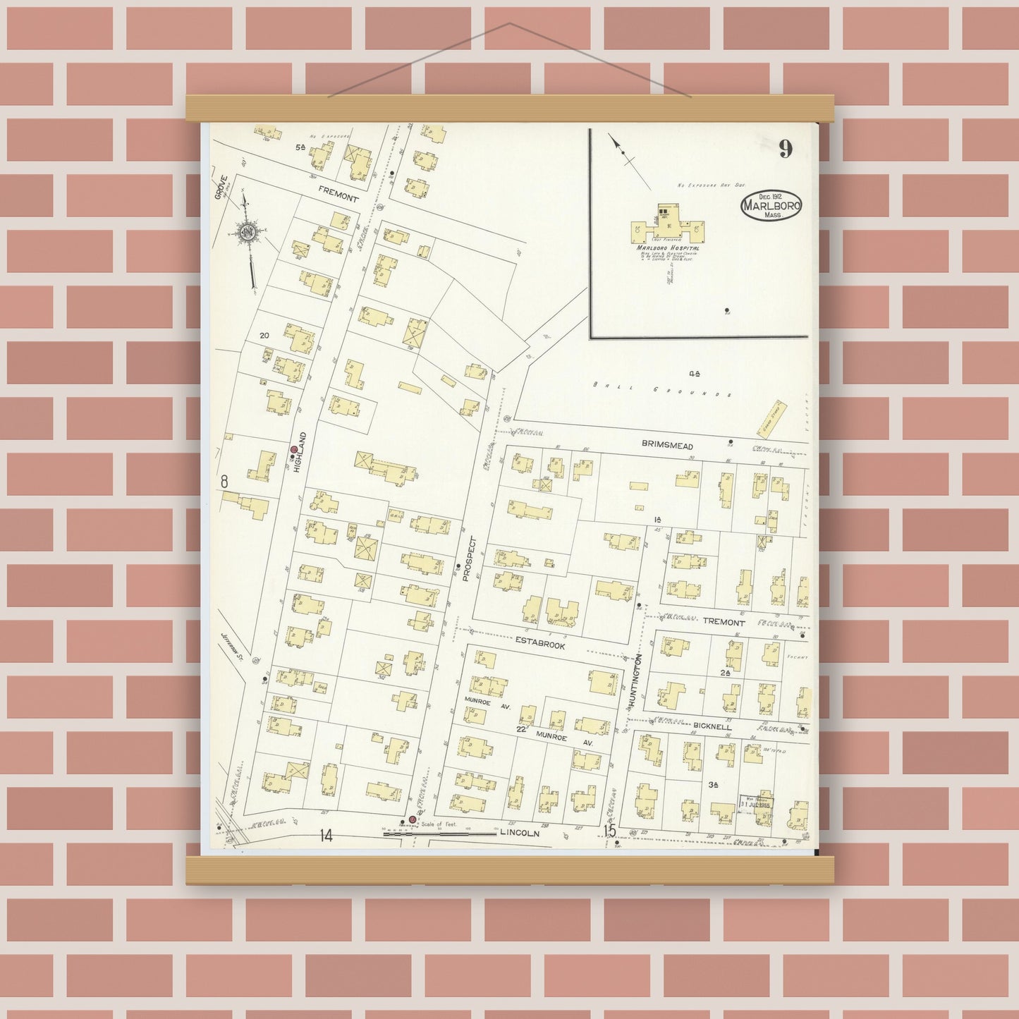Old map wall art mockup — magnetic wood frame on brick wall — Sanborn Fire Insurance Map from Marlborough, Middlesex County, Massachusetts (1912), Sheet #0009