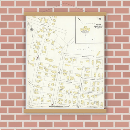 Old map wall art mockup — magnetic wood frame on brick wall — Sanborn Fire Insurance Map from Marlborough, Middlesex County, Massachusetts (1912), Sheet #0009