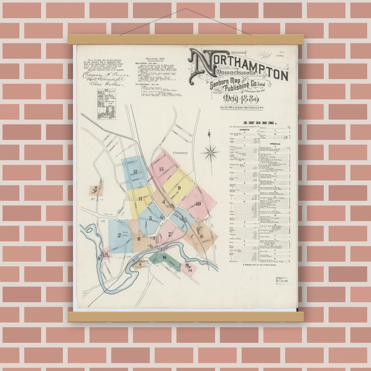 Old map wall art mockup — magnetic wood frame on brick wall — Sanborn Fire Insurance Map from Northampton, Hampshire County, Massachusetts (1889) - Complete Map Set