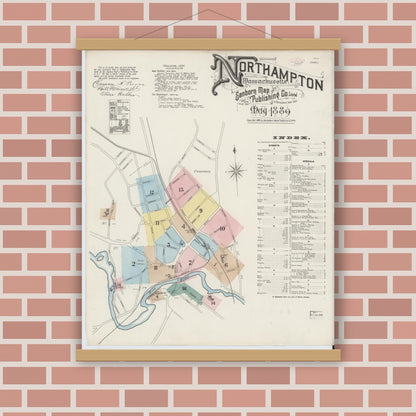 Old map wall art mockup — magnetic wood frame on brick wall — Sanborn Fire Insurance Map from Northampton, Hampshire County, Massachusetts (1889) - Complete Map Set