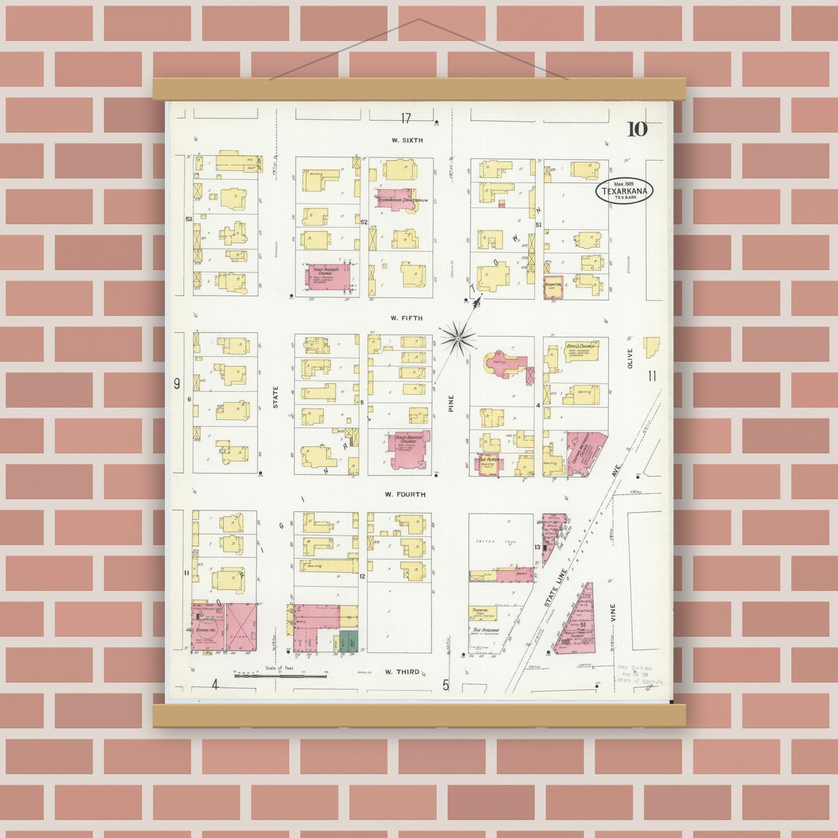 Old map wall art mockup — magnetic wood frame on brick wall — Sanborn Fire Insurance Map from Texarkana, Bowie County, Texas (1909), Sheet #0010