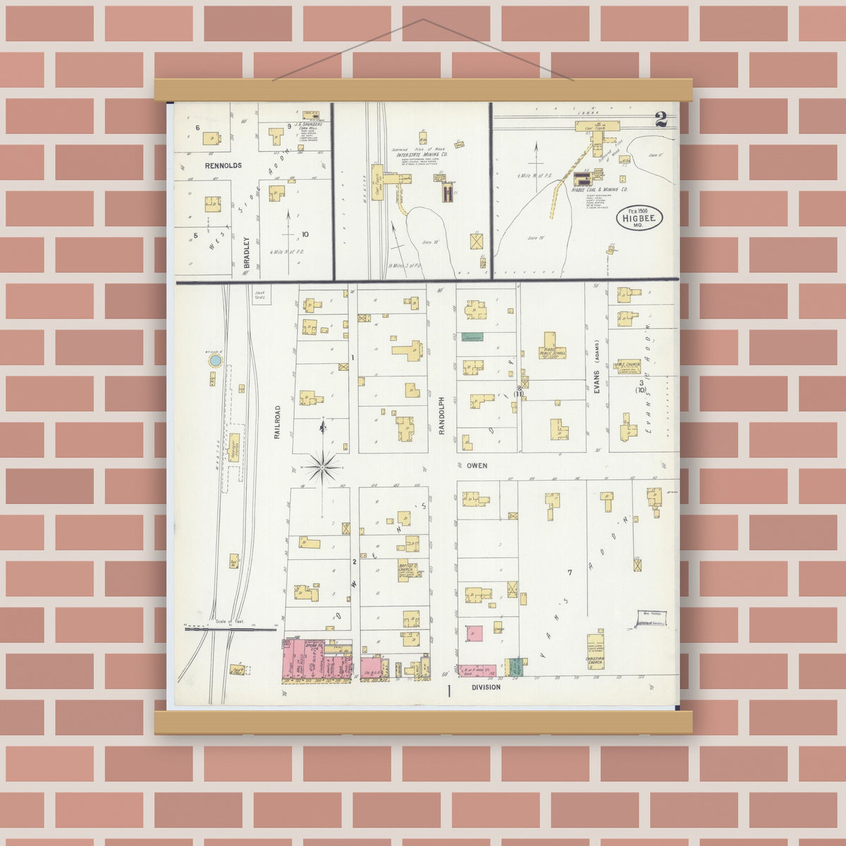 Old map wall art mockup — magnetic wood frame on brick wall — Sanborn Fire Insurance Map from Higbee, Randolph County, Missouri (1900), Sheet #0002
