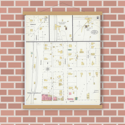 Old map wall art mockup — magnetic wood frame on brick wall — Sanborn Fire Insurance Map from Higbee, Randolph County, Missouri (1900), Sheet #0002