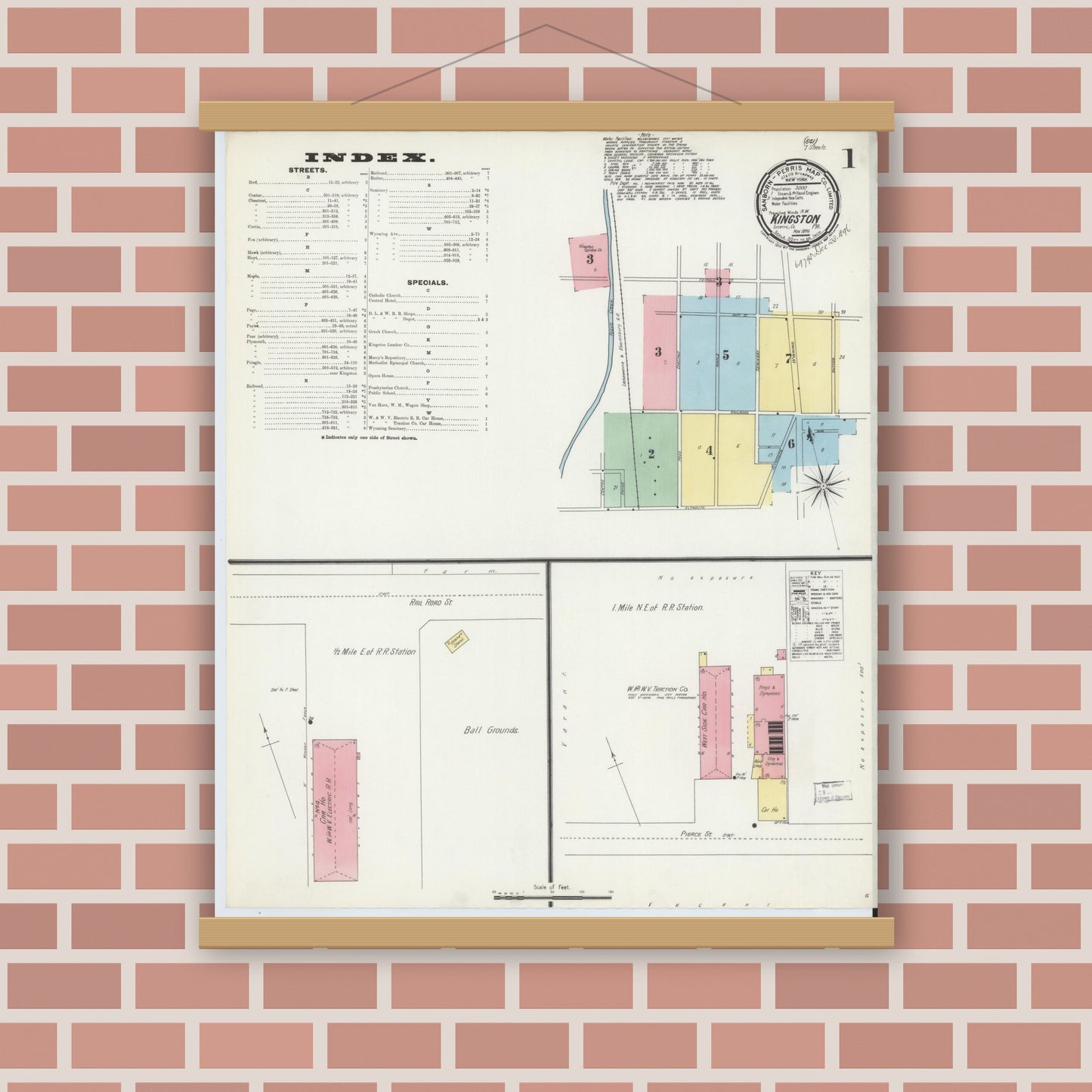 Old map wall art mockup — magnetic wood frame on brick wall — Sanborn Fire Insurance Map from Kingston, Luzerne County, Pennsylvania (1896) - Complete Map Set