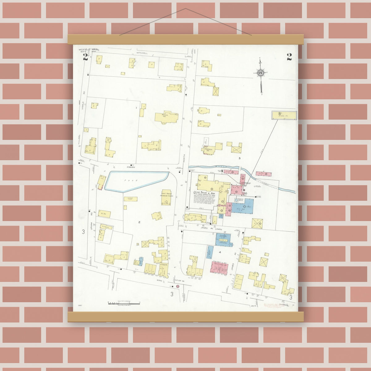 Old map wall art mockup — magnetic wood frame on brick wall — Sanborn Fire Insurance Map from Medfield, Norfolk County, Massachusetts (1933), Sheet #0002