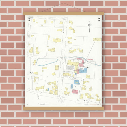 Old map wall art mockup — magnetic wood frame on brick wall — Sanborn Fire Insurance Map from Medfield, Norfolk County, Massachusetts (1933), Sheet #0002