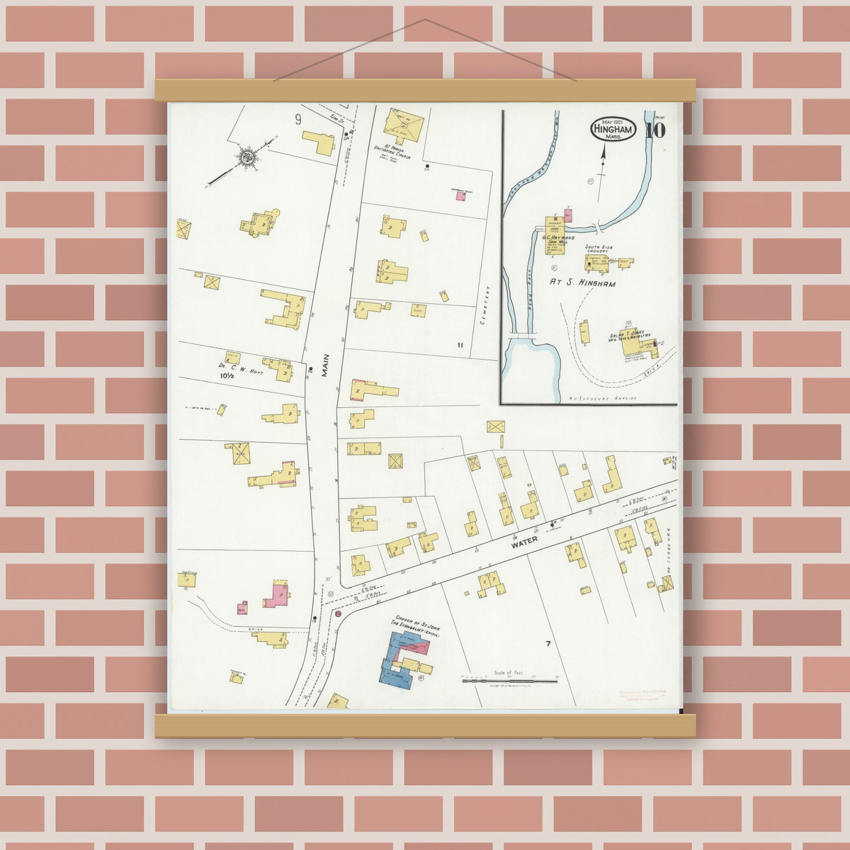 Old map wall art mockup — magnetic wood frame on brick wall — Sanborn Fire Insurance Map from Hingham, Plymouth County, Massachusetts (1921), Sheet #0010