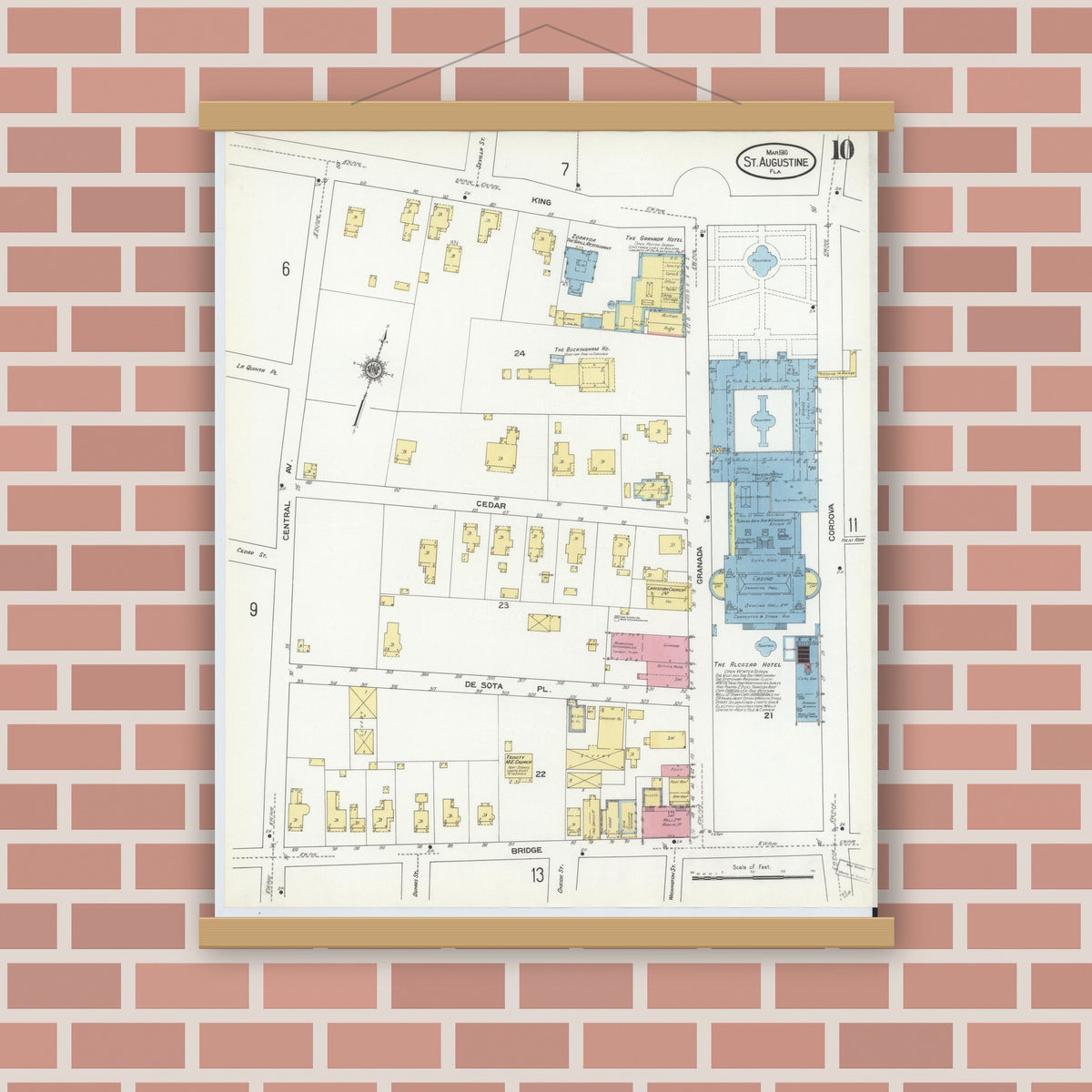 Old map wall art mockup — magnetic wood frame on brick wall — Sanborn Fire Insurance Map from Saint Augustine, Saint John's County, Florida (1910), Sheet #0010