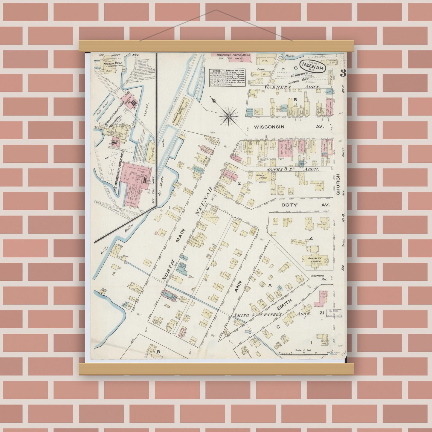 Old map wall art mockup — magnetic wood frame on brick wall — Sanborn Fire Insurance Map from Neenah, Winnebago County, Wisconsin (1884), Sheet #0003