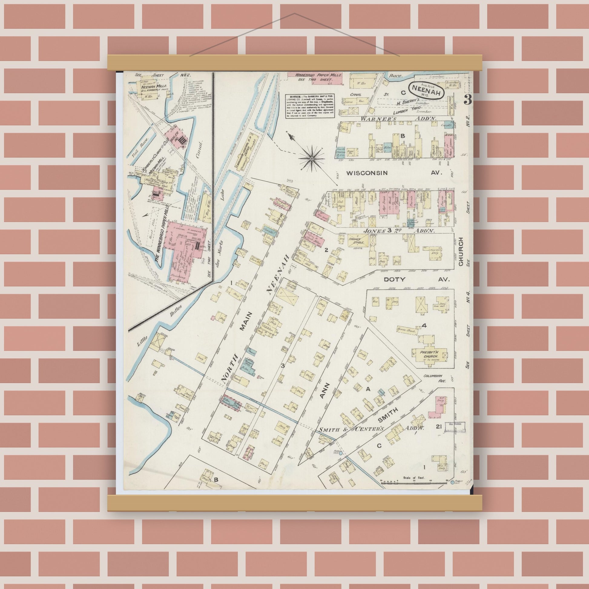 Old map wall art mockup — magnetic wood frame on brick wall — Sanborn Fire Insurance Map from Neenah, Winnebago County, Wisconsin (1884), Sheet #0003