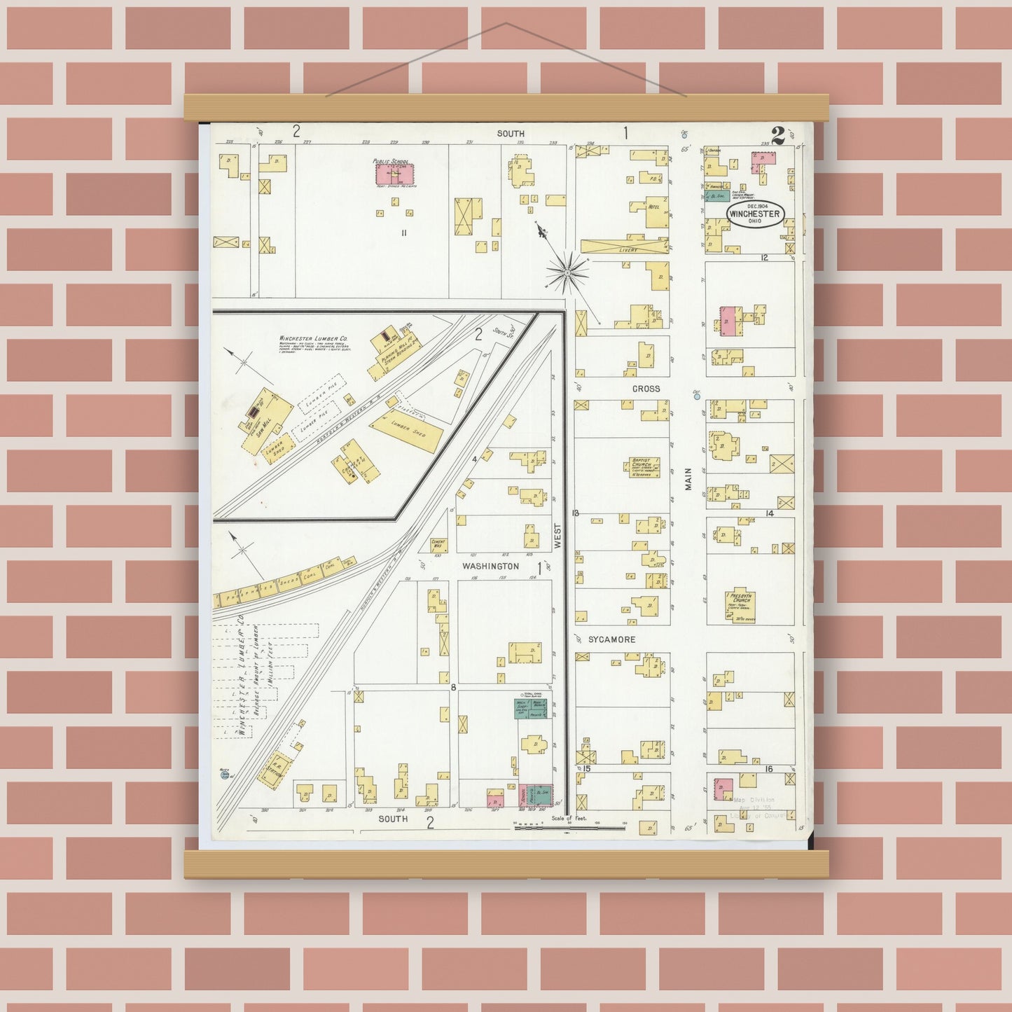 Old map wall art mockup — magnetic wood frame on brick wall — Sanborn Fire Insurance Map from Winchester, Adams County, Ohio (1904), Sheet #0002
