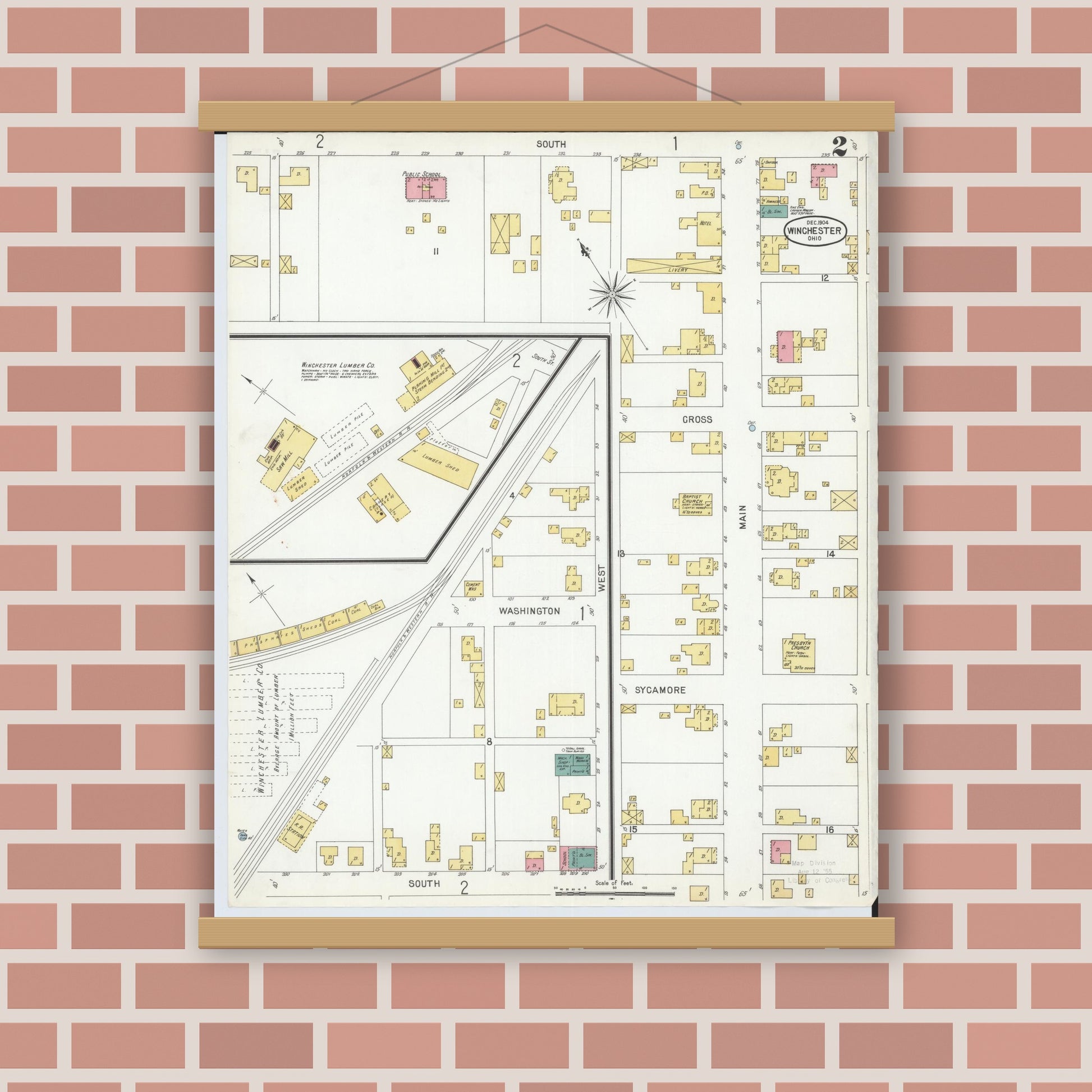 Old map wall art mockup — magnetic wood frame on brick wall — Sanborn Fire Insurance Map from Winchester, Adams County, Ohio (1904), Sheet #0002