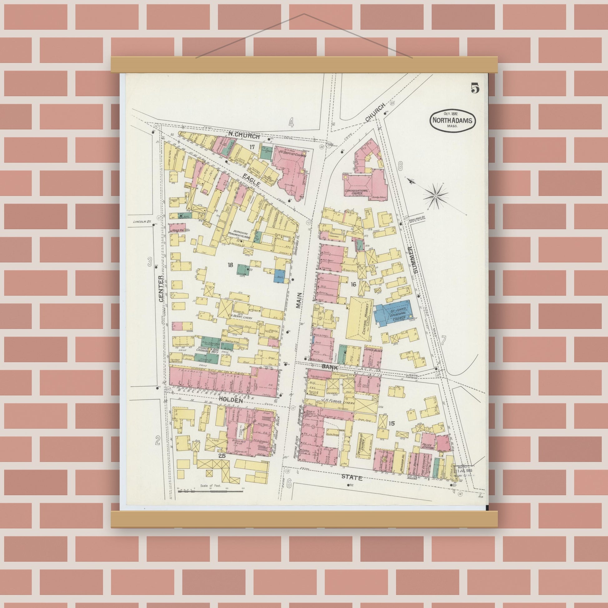 Old map wall art mockup — magnetic wood frame on brick wall — Sanborn Fire Insurance Map from North Adams, Berkshire County, Massachusetts (1892), Sheet #0005