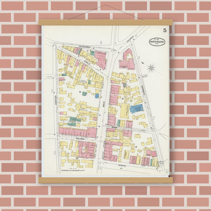 Old map wall art mockup — magnetic wood frame on brick wall — Sanborn Fire Insurance Map from North Adams, Berkshire County, Massachusetts (1892), Sheet #0005
