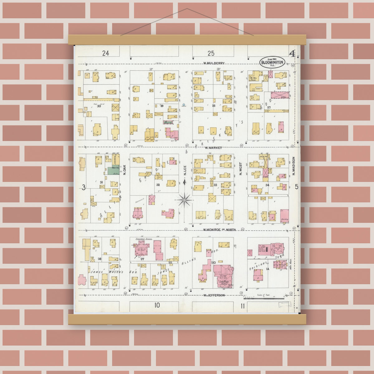 Old map wall art mockup — magnetic wood frame on brick wall — Sanborn Fire Insurance Map from Bloomington, McLean County, Illinois (1901), Sheet #0004